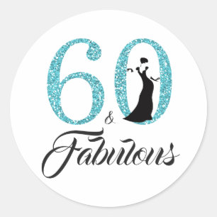 60 Fabulous Blue Glitter Typography 60th Birthday Classic Round Sticker