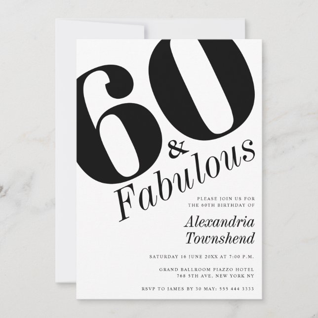 60 & Fabulous Bold Number 60th Birthday Invitation (Front)