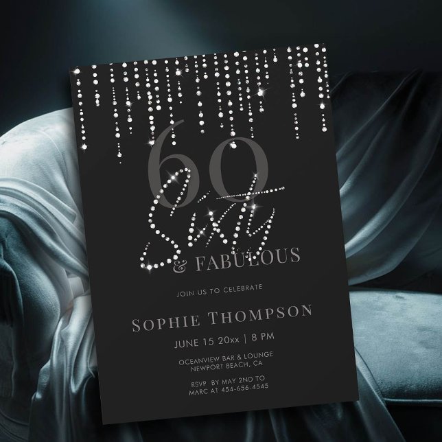 60 Fabulous Dripping Glitter Black 60th Birthday Invitation (60 and fabulous simple modern black minimalist 60th birthday invitation)