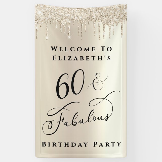 60 Fabulous Glitter Champagne Gold Birthday Banner (Vertical)