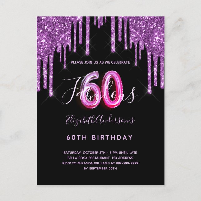 60 & Fabulous glitter dripping black purple glam Postcard (Front)