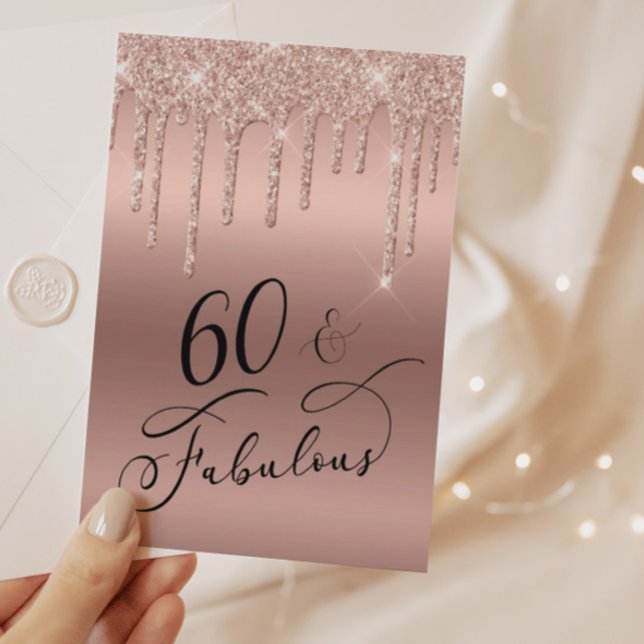 60 Fabulous Glitter Rose Gold Birthday Party Invitation Postcard (Creator Uploaded)