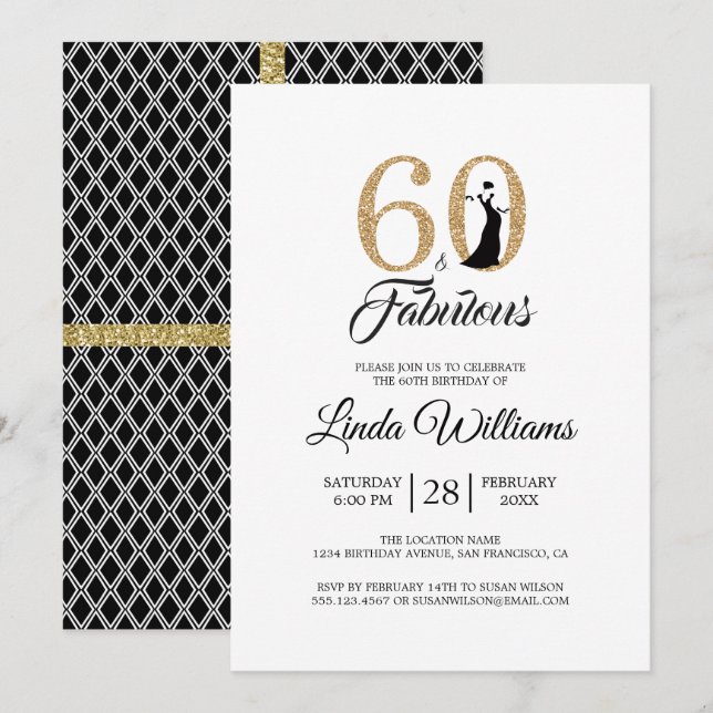 60 Fabulous Gold Glitter 60th Birthday Party Invitation (Front/Back)