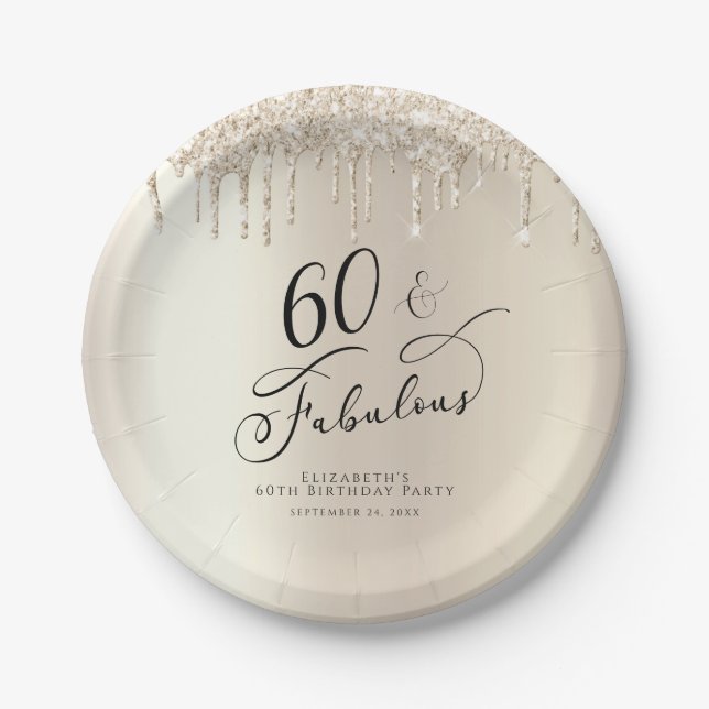 60 Fabulous Gold Glitter Custom Birthday Party Paper Plate (Front)