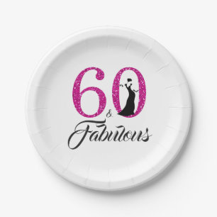 60 Fabulous Hot Pink Glitter 60th Birthday Party Paper Plate