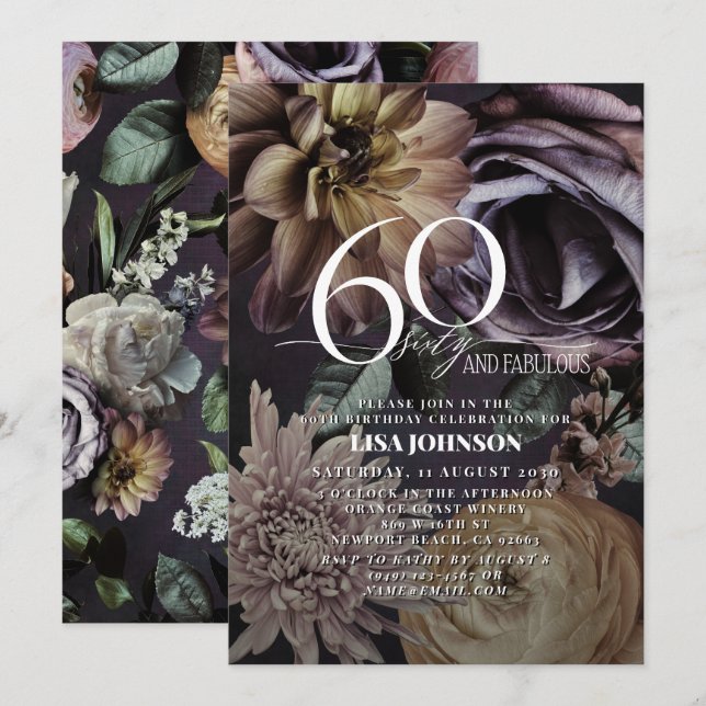 60 & Fabulous Modern Dark Moody Purple Floral  Invitation (Front/Back)