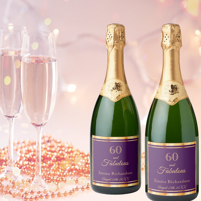 60 fabulous on stylish purple with name date sparkling wine label (Creator Uploaded)