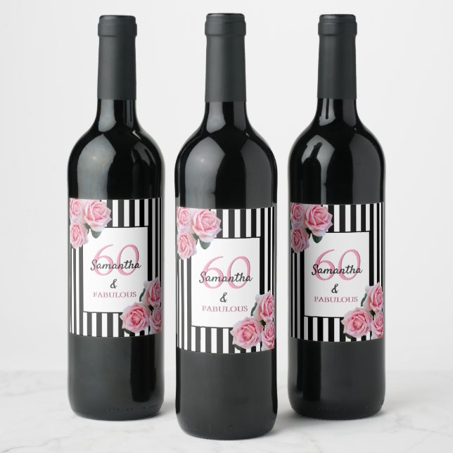60 fabulous pink florals black white stripes wine label (Bottles)
