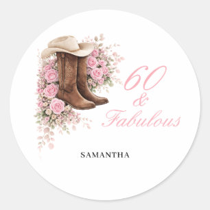 60 & Fabulous Pink Western Floral 60th Birthday Classic Round Sticker