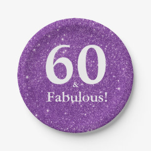 60 & Fabulous! Purple Glitter Sixtieth Birthday Paper Plate