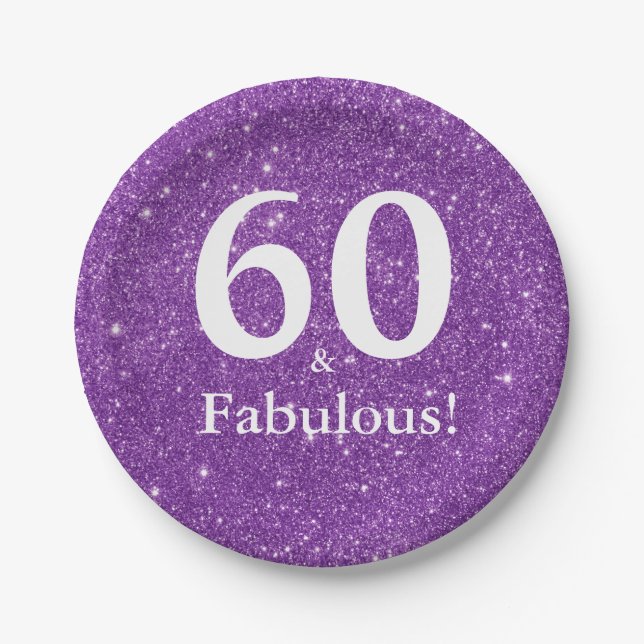 60 & Fabulous! Purple Glitter Sixtieth Birthday Paper Plate (Front)