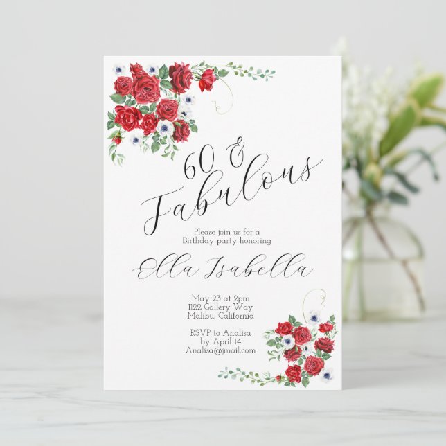 60 Fabulous Red Floral Birthday Party Invitation (Standing Front)