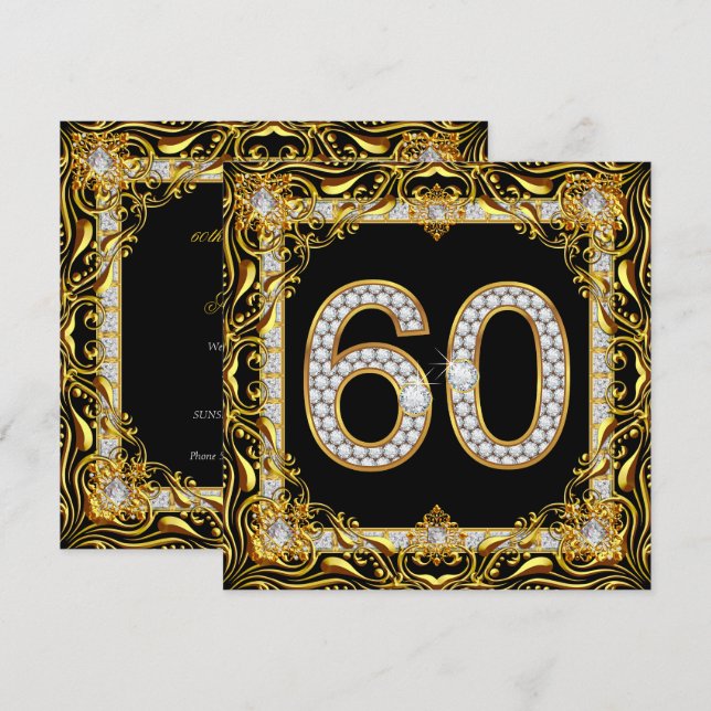 60 Gold Diamond Black 60th Birthday Party Invitation (Front/Back)