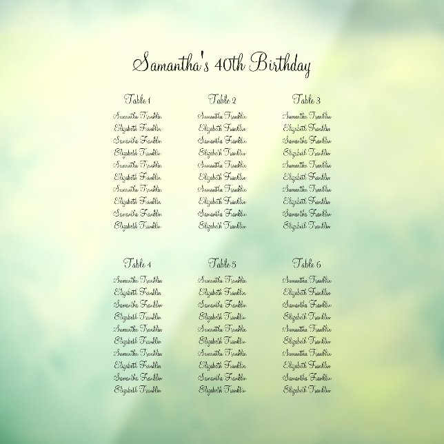 60 Guests at 6 Tables Modern Elegant Calligraphy Window Cling (Sheet 3)