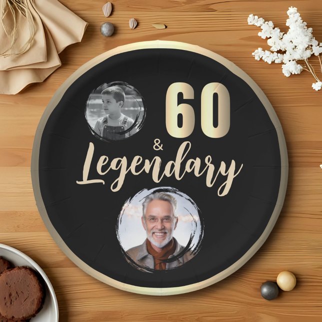 60 & Legendary 2 Photos 60th Birthday Gold Paper Plate (Creator Uploaded)