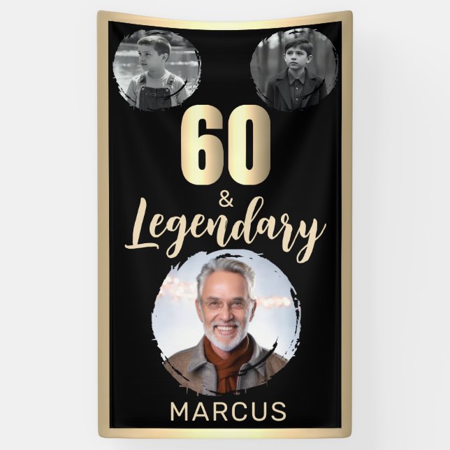 60 & Legendary 3 Photos 60th Birthday Gold Banner (Vertical)