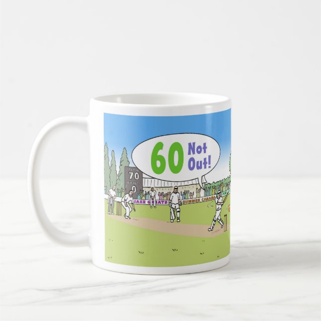 60 Not Out Cricket Theme. 60th Birthday Coffee Mug (Left)