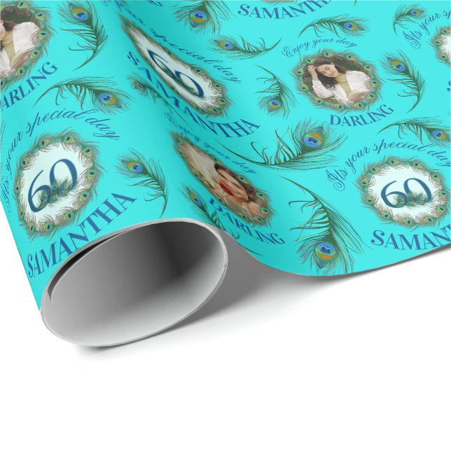 60 Peacock Feather Fully Editable Custom Photo Wrapping Paper (Roll Corner)