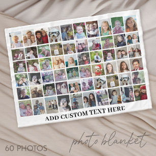 60 Photo Collage Grid - Black with White Text Fleece Blanket