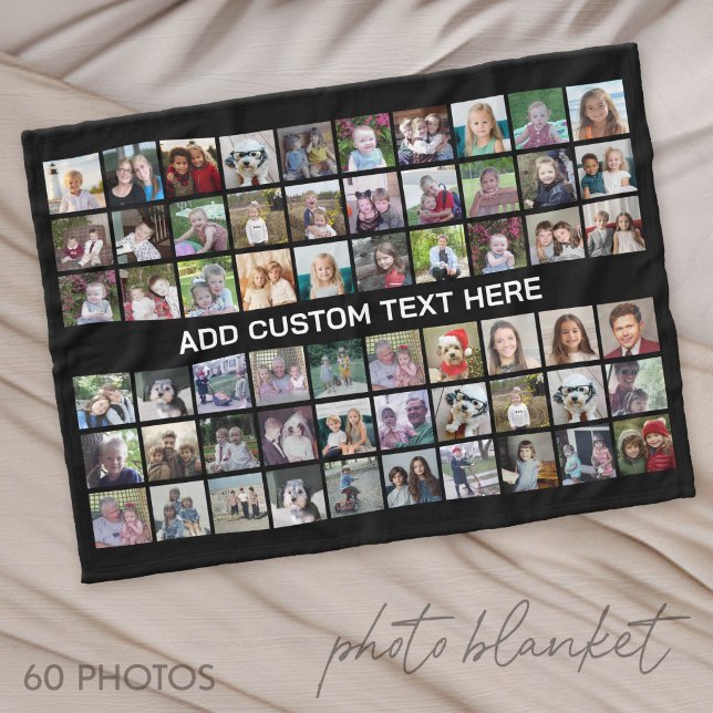 60 Photo Collage Grid - Black with White Text Fleece Blanket (Photo Blanket - Custom Pictures in a Collage)