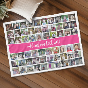 60 Photo Collage Grid - Script Text - hot pink Fleece Blanket