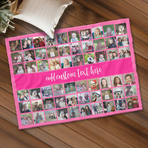 60 Photo Collage Grid - Script Text - hot pink Fleece Blanket