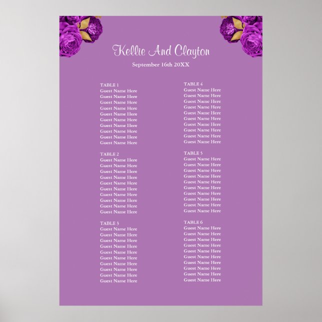 60 Purple And Gold Floral Wedding Seating Chart (Front)