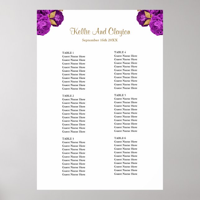60 Purple And Gold Floral Wedding Seating Chart (Front)