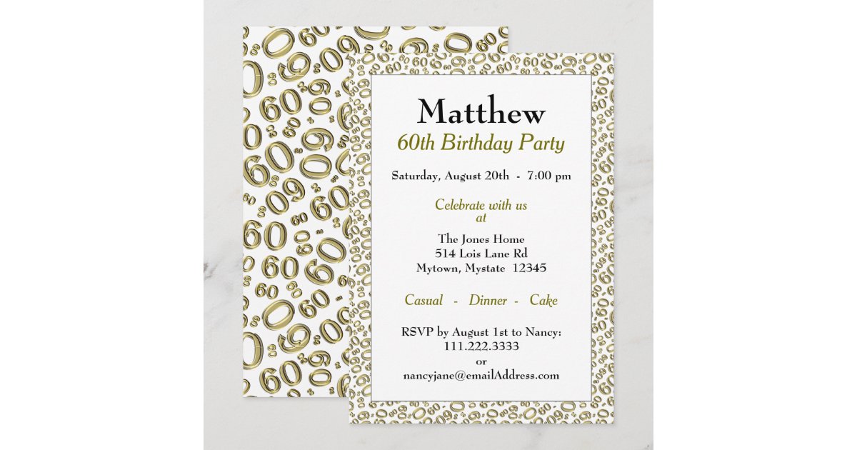 60 Random Number Pattern Gold/White 60th Invitation | Zazzle