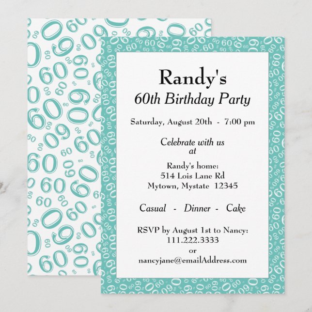 60 Random Number Pattern Purple/White 60th Invitation (Front/Back)