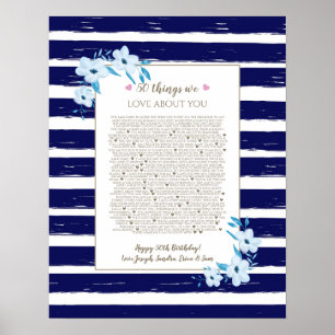 60 reasons why we love you navy stripe poster