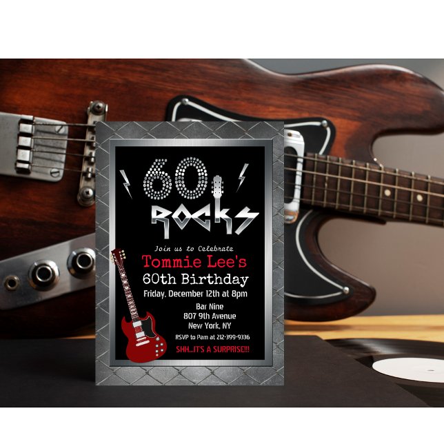 60 Rocks Rockstar Guitar 60th Birthday Invitation (Creator Uploaded)