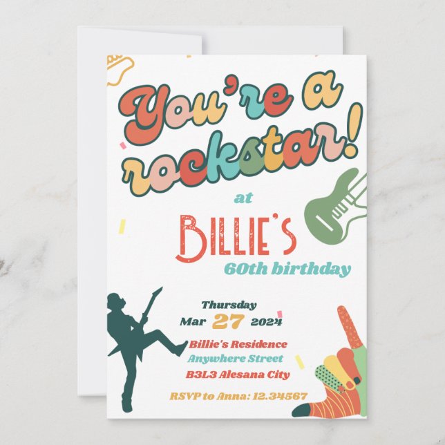 60 Rocks Rockstar Guitar 60th Birthday Invitation (Front)