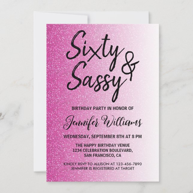 60 Sassy Hot Pink Glitter 60th Birthday Invitation (Front)
