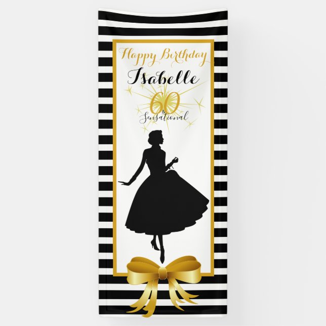60 & SENSATIONAL Birthday Black/White Stripes Banner (Vertical)