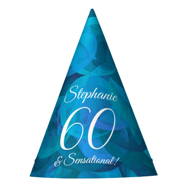 60 & Sensational Elegant Ocean Blue Birthday Party Hat (Front)