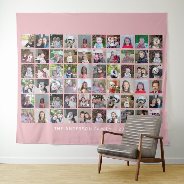 60 Square Photo Collage with Text - blush pink Tapestry (In Situ (Horizontal))