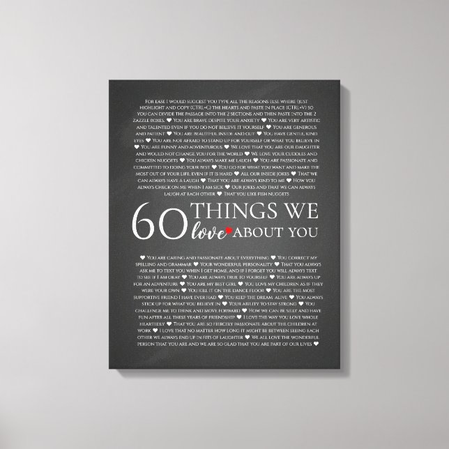 60 things we love about you, 70th 80th birthday canvas print (Front)