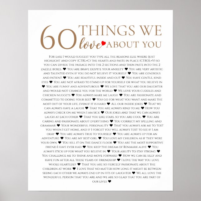 60 things we love about you, 70th 80th birthday poster (Front)