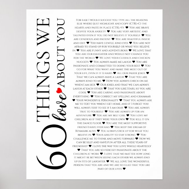 60 things we love about you, 70th 80th birthday poster (Front)