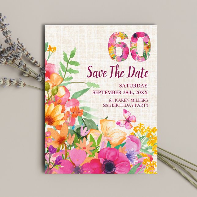 60 Years Flowers Floral Linen 60th Birthday Announcement Postcard (Creator Uploaded)