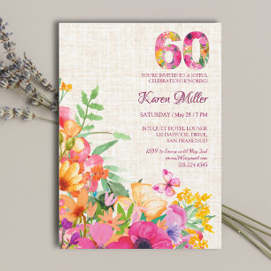60 Years Flowers Floral Linen 60th Birthday Invitation