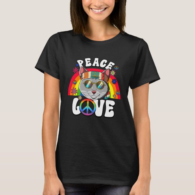 60s 70s Costume Peace Love Hippie Cat T-Shirt (Front)