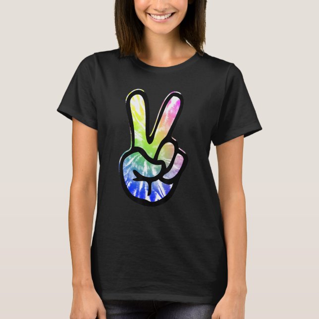 60s 70s Tie Dye Peace Hand Sign   Hippie T-Shirt (Front)