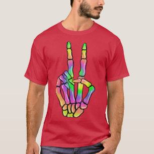 60s 70s Tie Dye Skeleton Hand Peace Sign Bones Hip T-Shirt