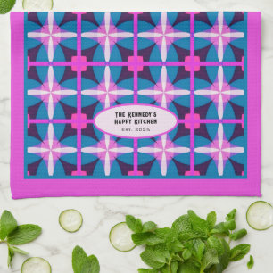 60s Abstract Pink Blue Floral Kaleidoscope Design  Tea Towel