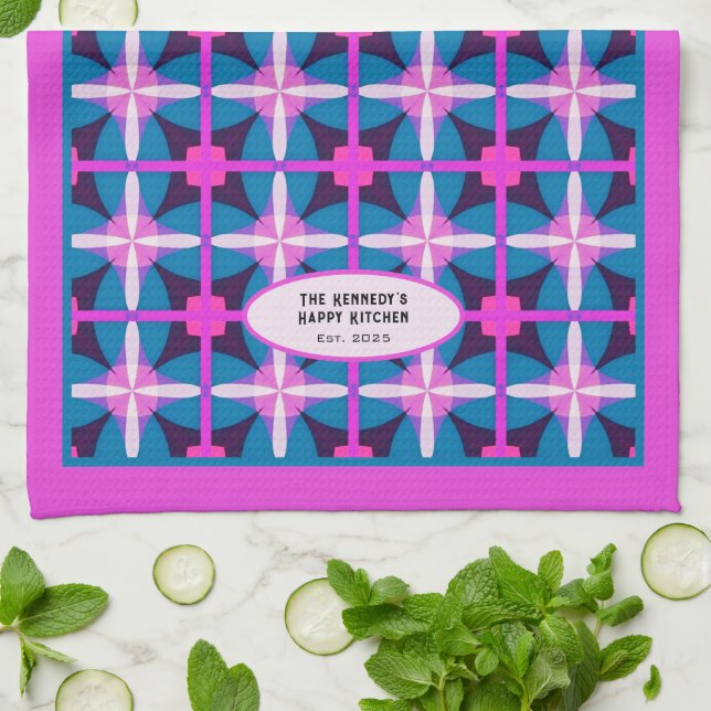 60s Abstract Pink Blue Floral Kaleidoscope Design  Tea Towel (Folded)