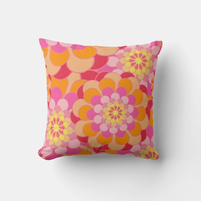 60's Bohemian Orange & Pink Floral Bold Print Cushion (Front)