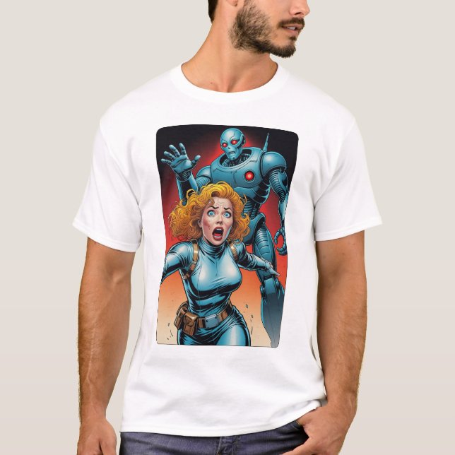 60s Comic Style Woman running from Alien Robot T-Shirt (Front)
