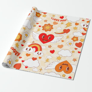  60s groovy pop art valentine rainbow cloud angel wrapping paper